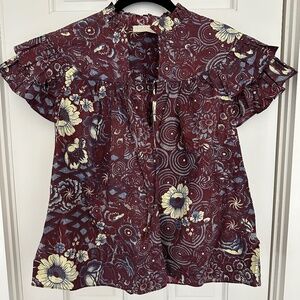 Ulla Johnson Floral Blouse in Burgundy and Cream